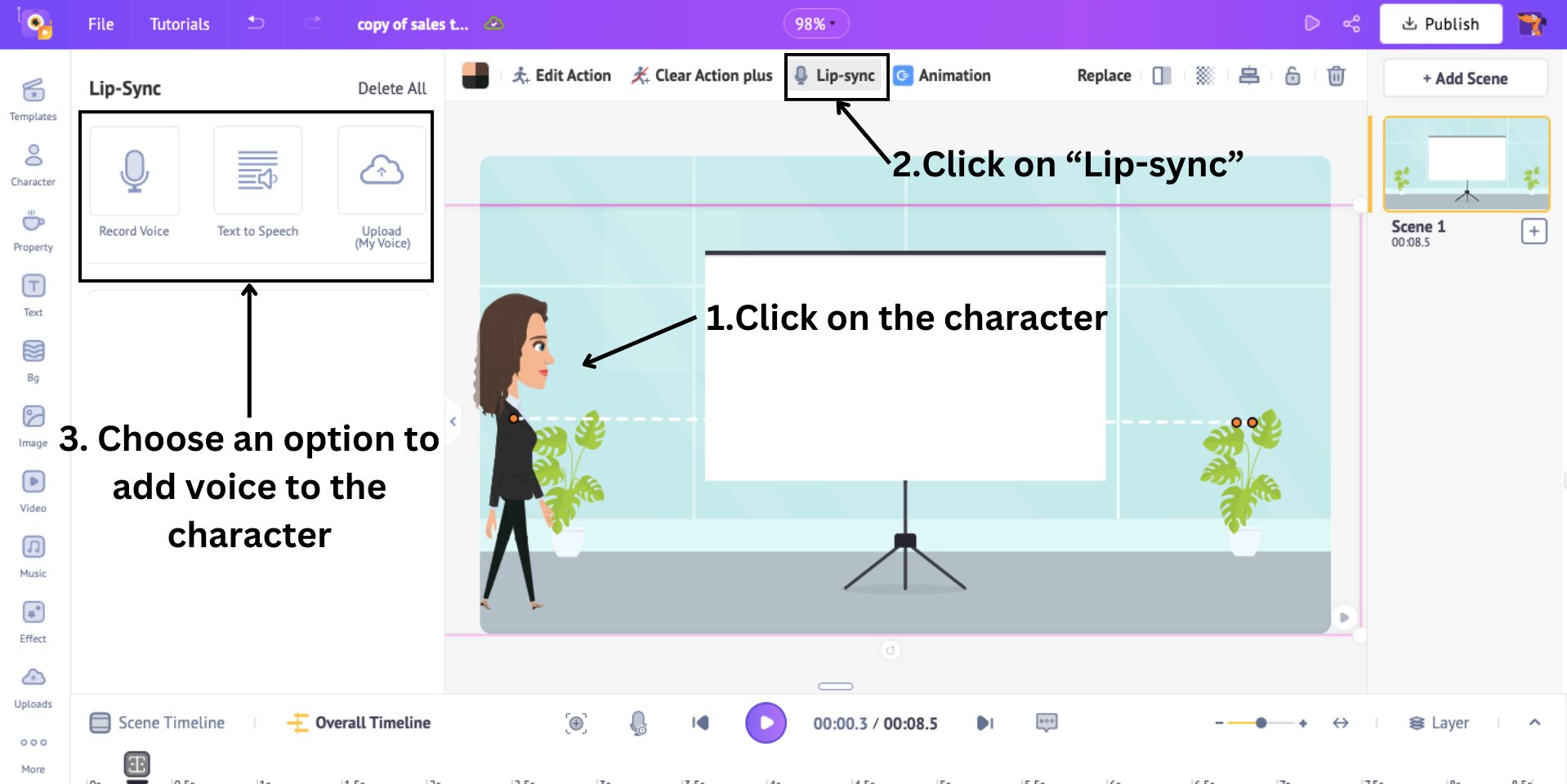 click lipsync to add voiceover to the character