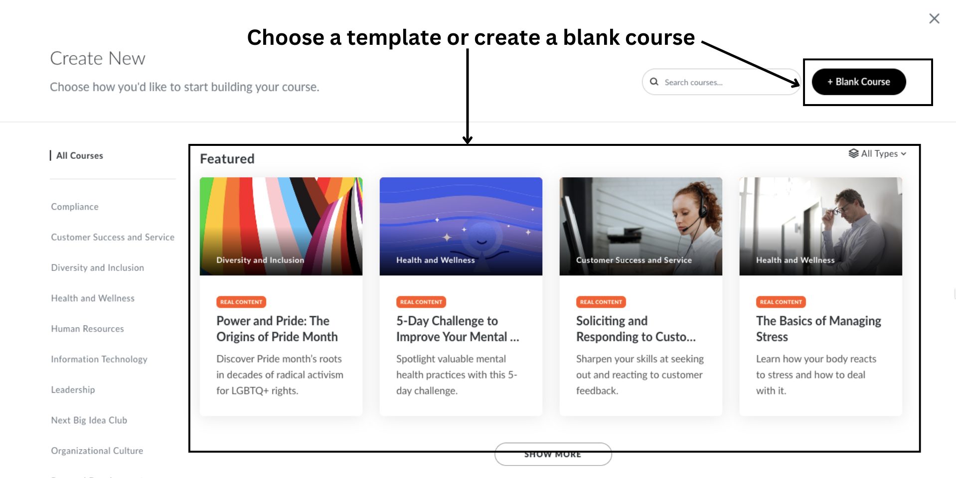 Choose templates or blank course