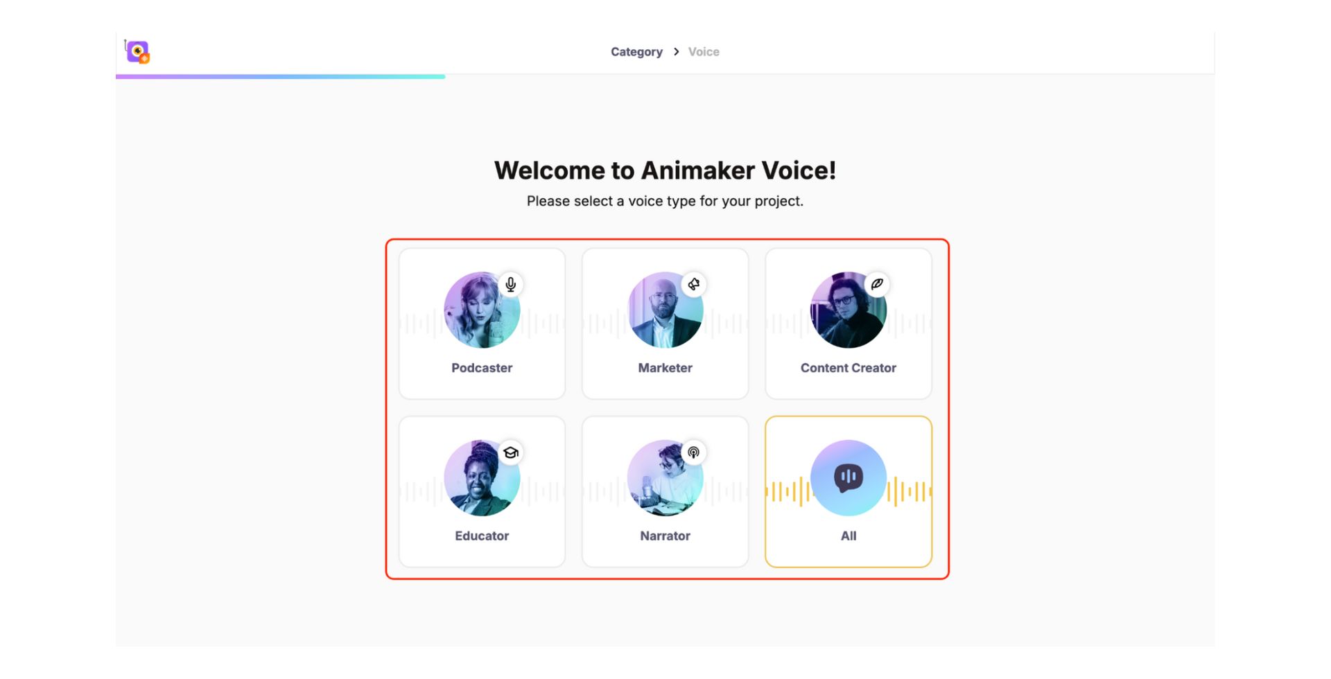 Voice - Category selection Screen