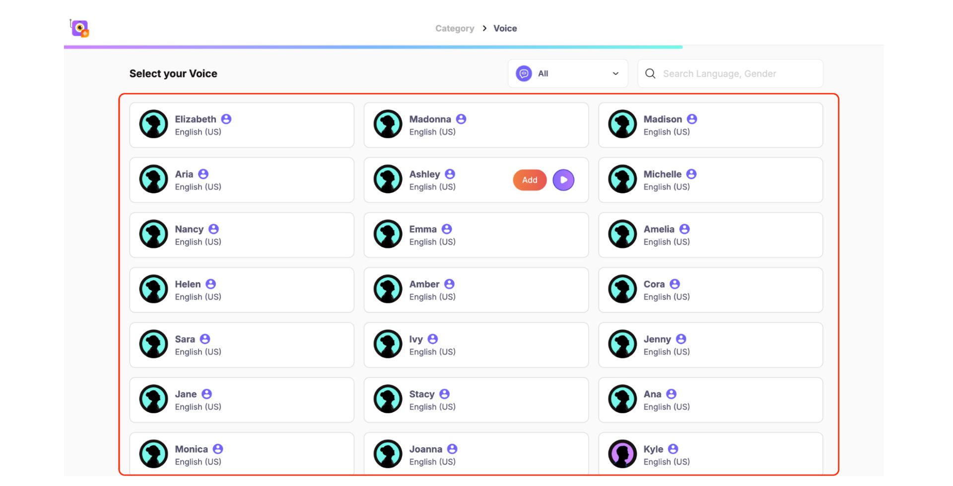 Voice - Voice selection Screen